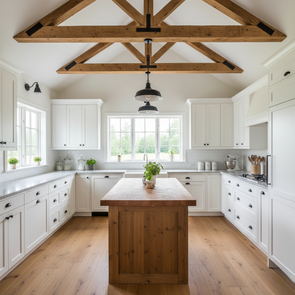 Cozinha estilo farmhouse moderno com vigas de madeira expostas, pia de fazenda, armários brancos e ilha de madeira. Decoração rústica funcional 2026.