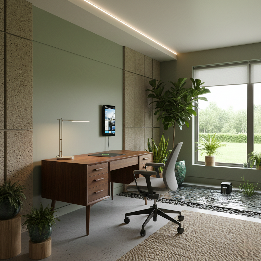 Home office sustentável com móveis reciclados, escrivaninha vintage restaurada e tecnologia inteligente. Decoração ecológica 2026.