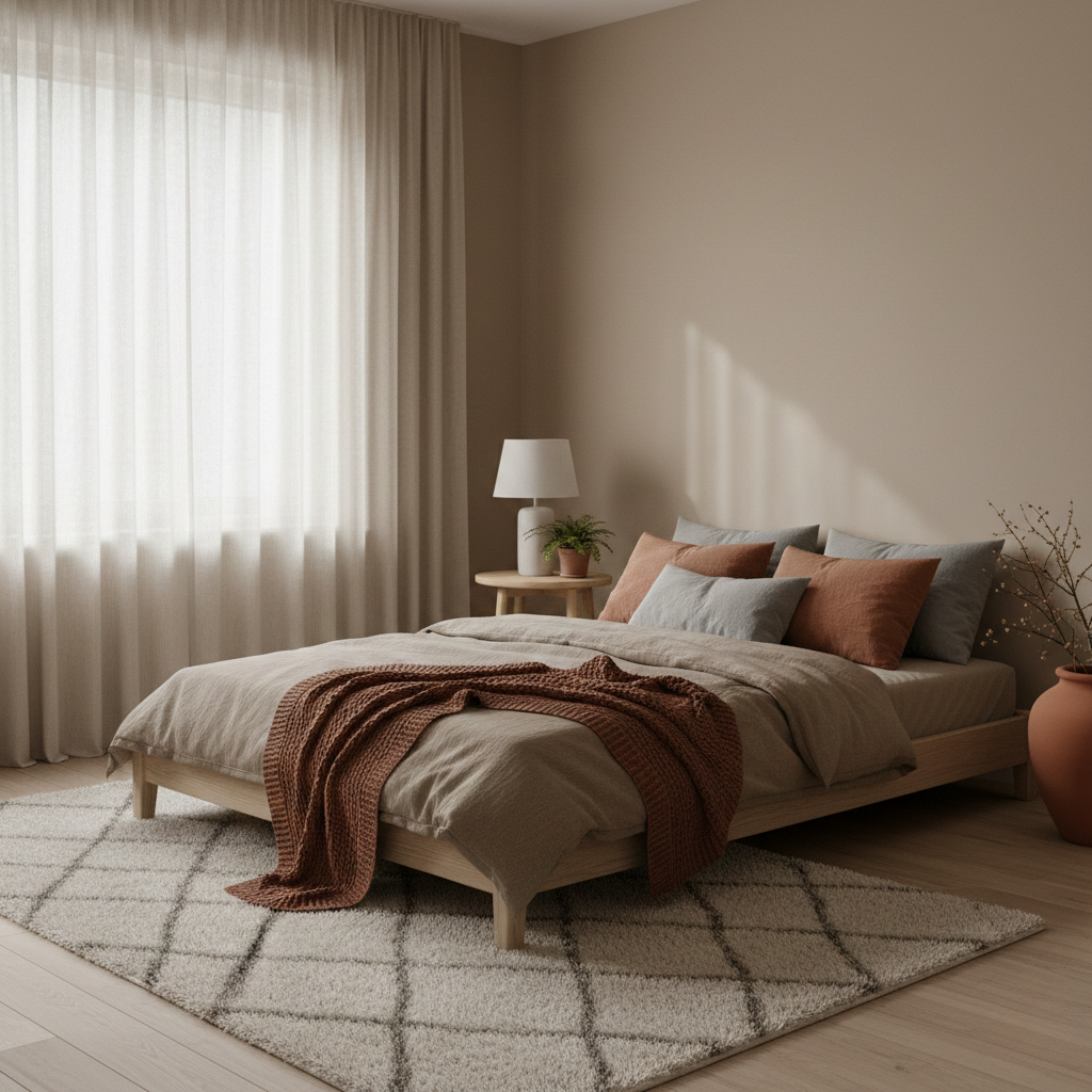 Quarto minimalista aquecido com paleta de cores em areia, terracota e bege, cama de linho e tapete de lã. Decoração aconchegante 2026.