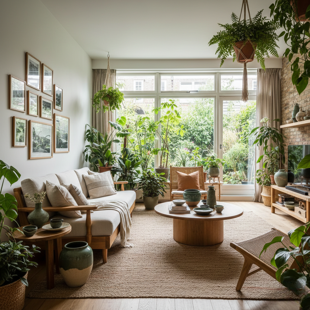 Sala de estar com design biofílico, muitas plantas, luz natural, móveis de madeira sustentável e objetos vintage. Decoração com alma 2026.