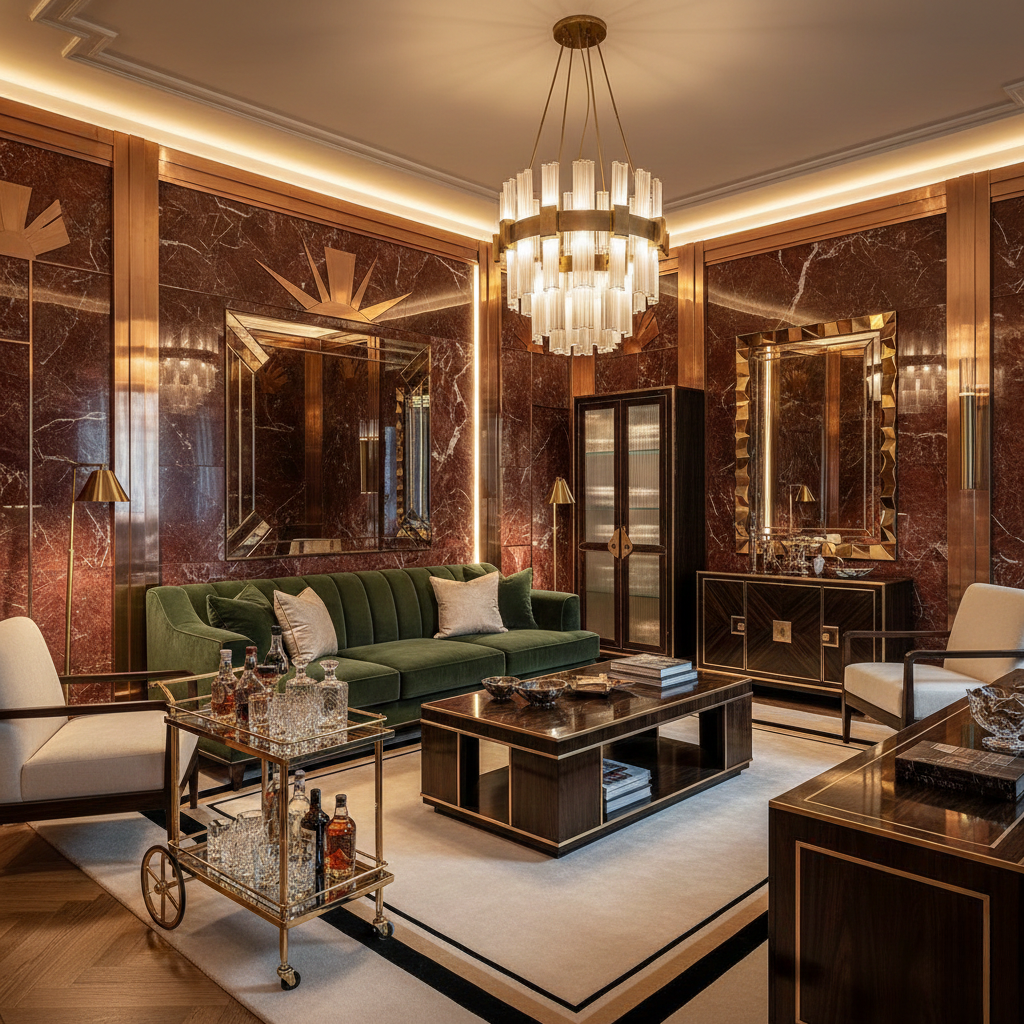 Sala de estar luxuosa em estilo Neo Déco com carrinho de bar vintage, luminária pendente e detalhes em mármore vermelho e cobre. Decoração sofisticada 2026.