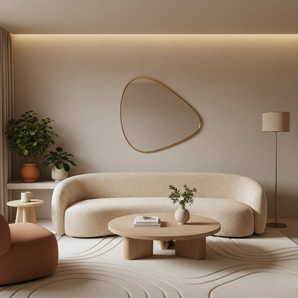Sala de estar contemporânea com sofá curvo, mesa de centro arredondada e espelho orgânico. Decoração fluida e acolhedora 2026.