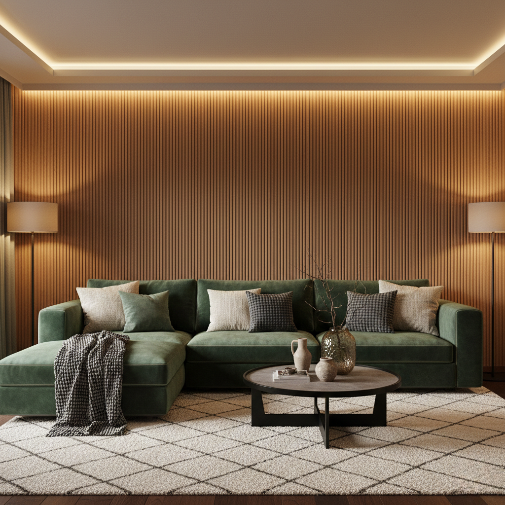 Sala de estar moderna com painéis ripados na parede, sofá de veludo e almofadas de linho e lã. Decoração sensorial 2026.